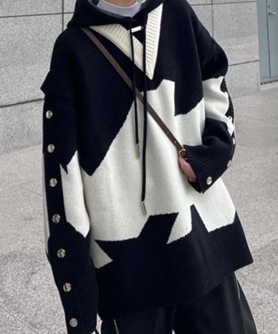 New Black Hooded Cozy Patchwork Knit Men Sweaters Spring
