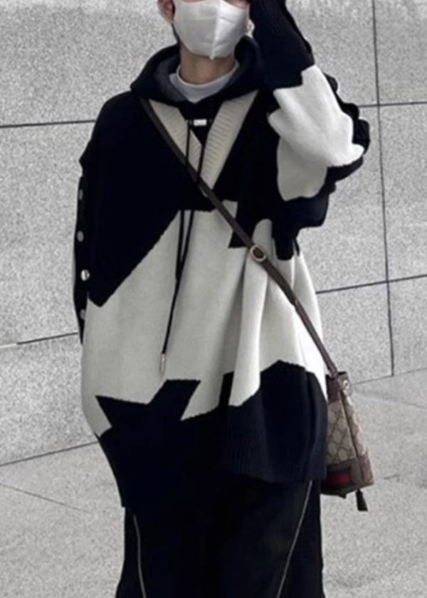 New Black Hooded Cozy Patchwork Knit Men Sweaters Spring - Image 2