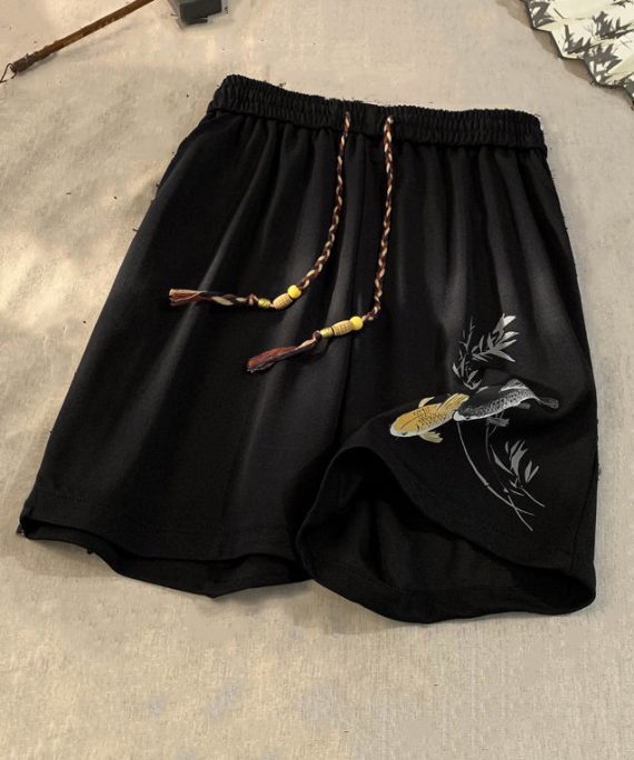 New Black Lace Up Elastic Waist Cotton Men Shorts Summer