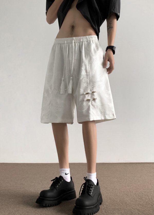 New Black Lace Up Elastic Waist Ice Silk Summer Men Shorts - Image 2