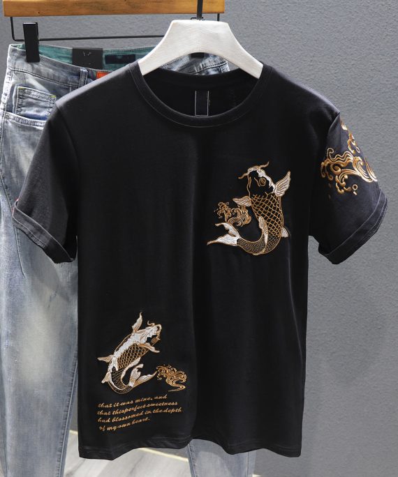 New Black O-Neck Print Cotton Men T Shirt Short Sleeve