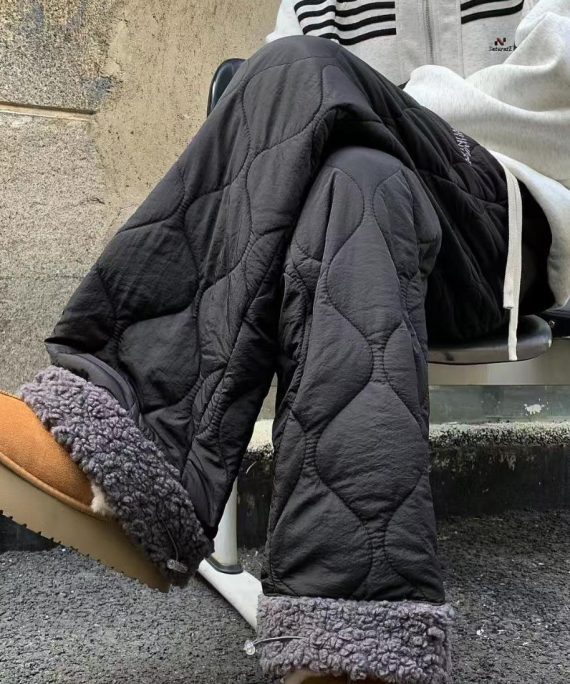New Black Pockets Patchwork Warm Fleece Mens Pants Winter