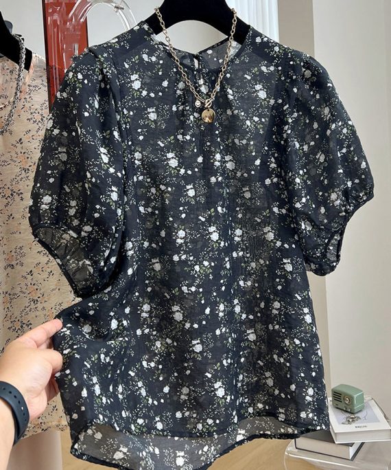 New Black Print Button Cotton Shirt Summer
