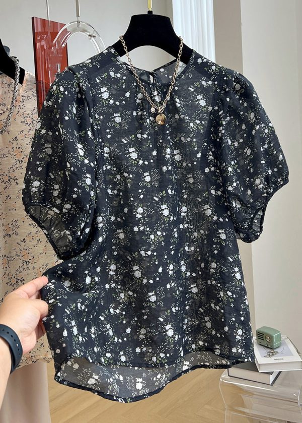 New Black Print Button Cotton Shirt Summer