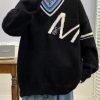New Black V Neck Hole Patchwork Knit Men Sweaters Spring