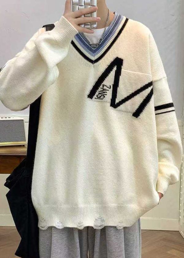 New Black V Neck Hole Patchwork Knit Men Sweaters Spring - Image 2