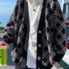 New Black V Neck Plaid Button Knit Men Cardigans Spring