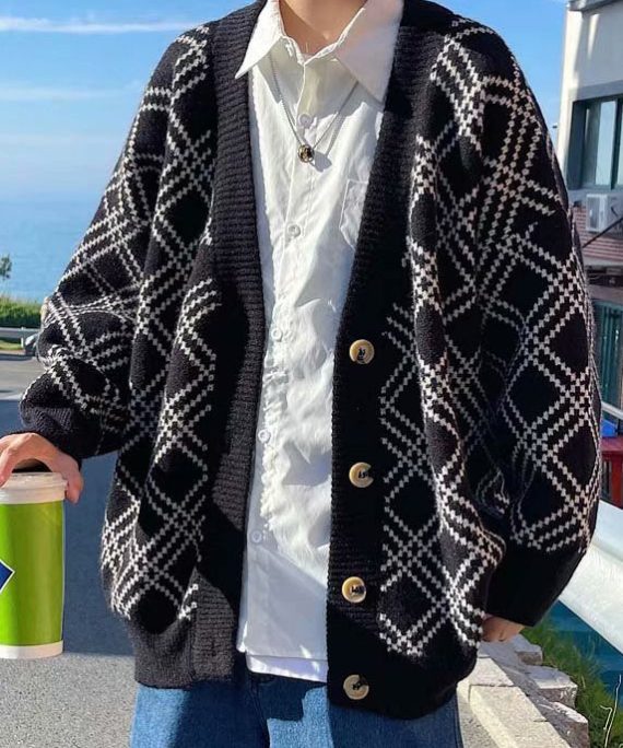 New Black V Neck Plaid Button Knit Men Cardigans Spring