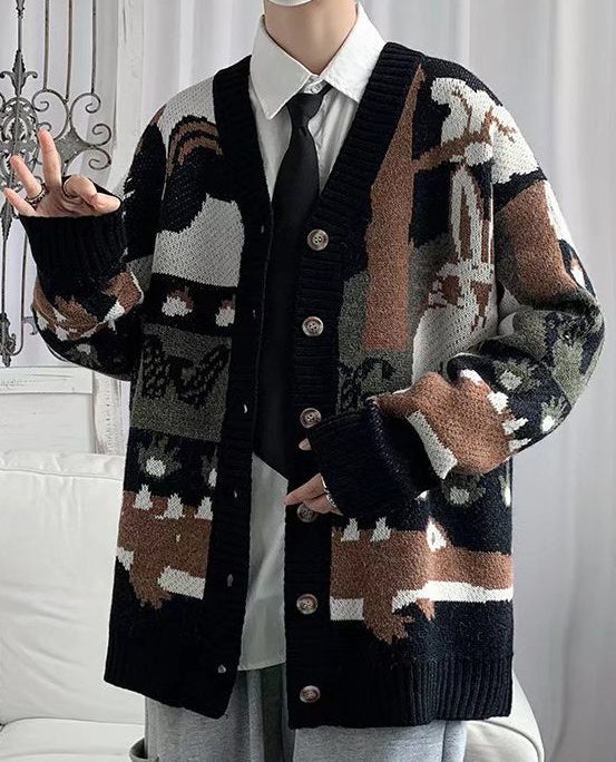 New Black V Neck Print Button Cotton Knit Men Cardigan Spring