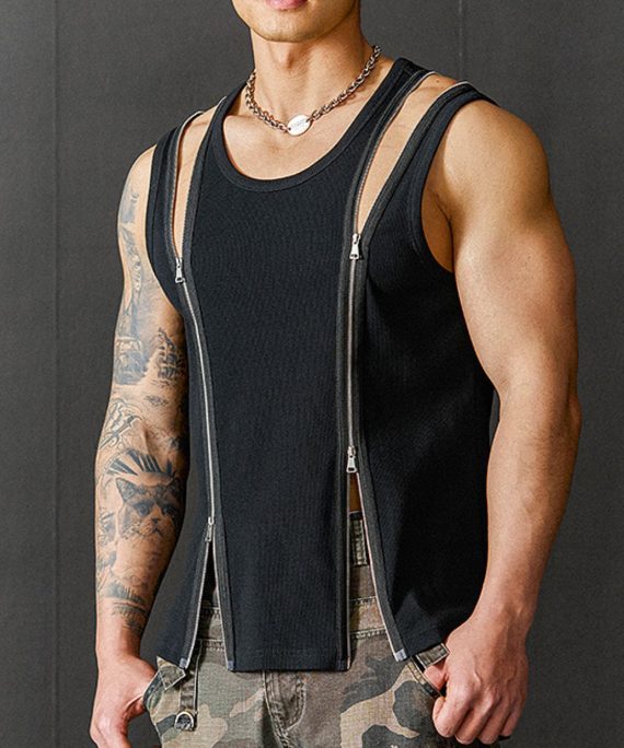 New Black Zip Up Original Design Cotton Men Tank Summer