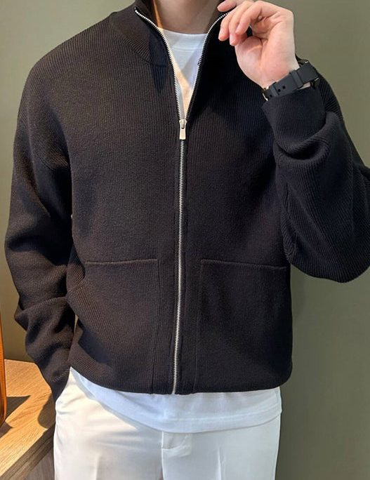 New Black Zip Up Pockets Knit Mens Coats Spring