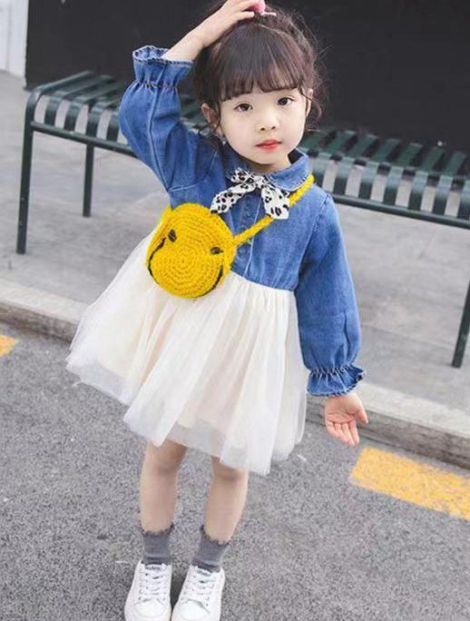 New Blue Button Tulle Patchwork Girls Dress Flare Sleeve