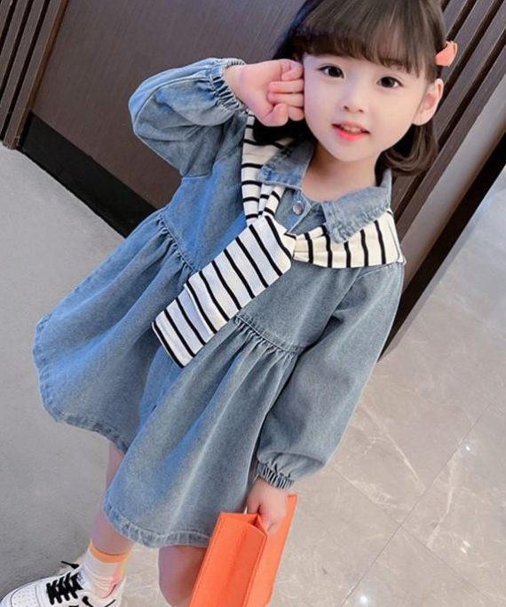 New Blue Peter Pan Collar Button Denim Girls Dresses Fall
