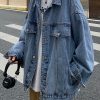 New Blue Peter Pan Collar Button Pockets Denim Men Coat Spring