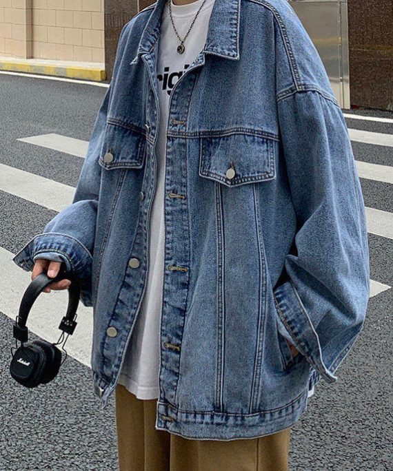 New Blue Peter Pan Collar Button Pockets Denim Men Coat Spring