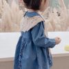 New Blue Peter Pan Collar Ruffled Denim Girls Mid Dresses Long Sleeve