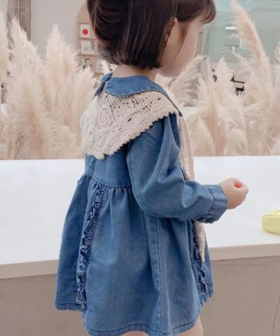 New Blue Peter Pan Collar Ruffled Denim Girls Mid Dresses Long Sleeve