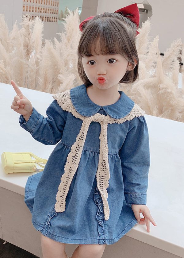 New Blue Peter Pan Collar Ruffled Denim Girls Mid Dresses Long Sleeve - Image 4