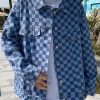 New Blue Plaid Button Pockets Denim Mens Coats Spring