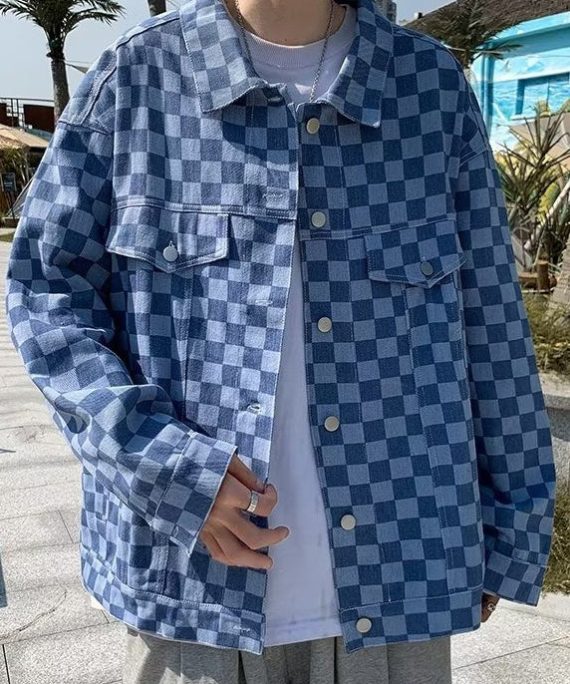New Blue Plaid Button Pockets Denim Mens Coats Spring