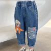 New Blue Print Pockets Elastic Waist Denim Girls Crop Pants Spring