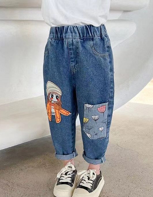New Blue Print Pockets Elastic Waist Denim Girls Crop Pants Spring
