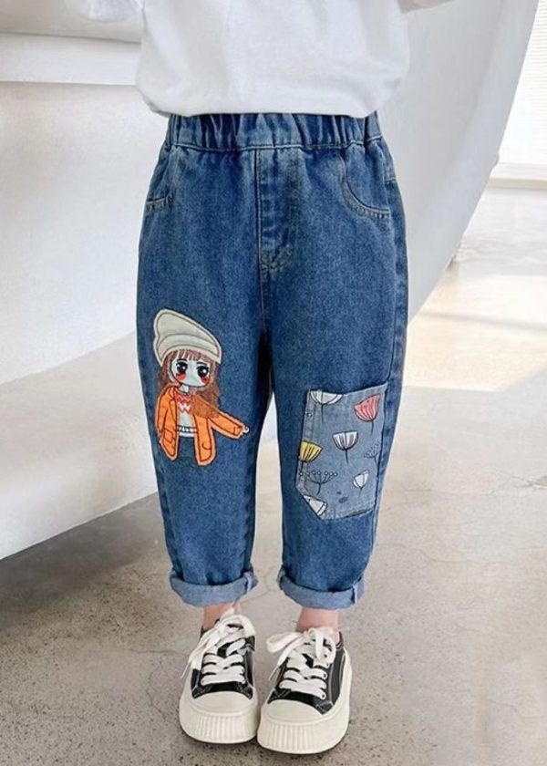 New Blue Print Pockets Elastic Waist Denim Girls Crop Pants Spring - Image 2
