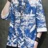 New Blue Stand Collar Print Ice Silk Men's Shirts Bracelet Sleeve
