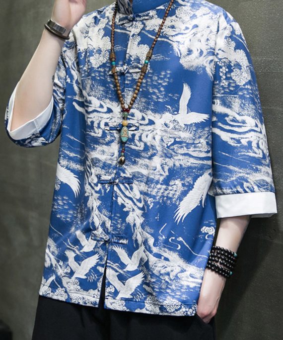 New Blue Stand Collar Print Ice Silk Men's Shirts Bracelet Sleeve