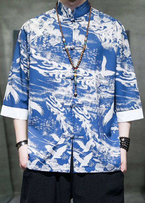 New Blue Stand Collar Print Ice Silk Men's Shirts Bracelet Sleeve - Image 2