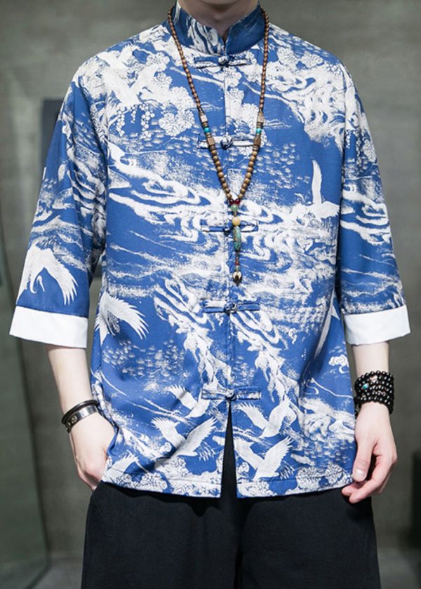 New Blue Stand Collar Print Ice Silk Men's Shirts Bracelet Sleeve - Image 3