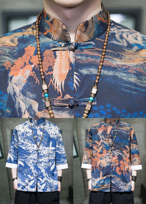 New Blue Stand Collar Print Ice Silk Men's Shirts Bracelet Sleeve - Image 5