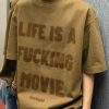 New Brown Letter Hole Oversized Cotton Men T Shirts Half Sleeve