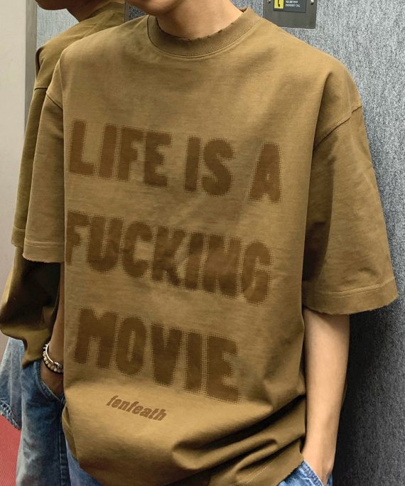 New Brown Letter Hole Oversized Cotton Men T Shirts Half Sleeve