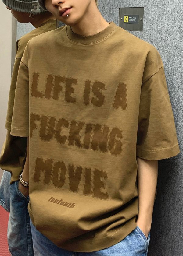 New Brown Letter Hole Oversized Cotton Men T Shirts Half Sleeve