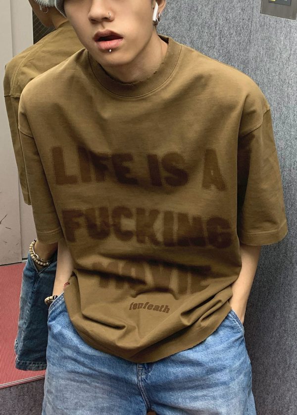New Brown Letter Hole Oversized Cotton Men T Shirts Half Sleeve - Image 4
