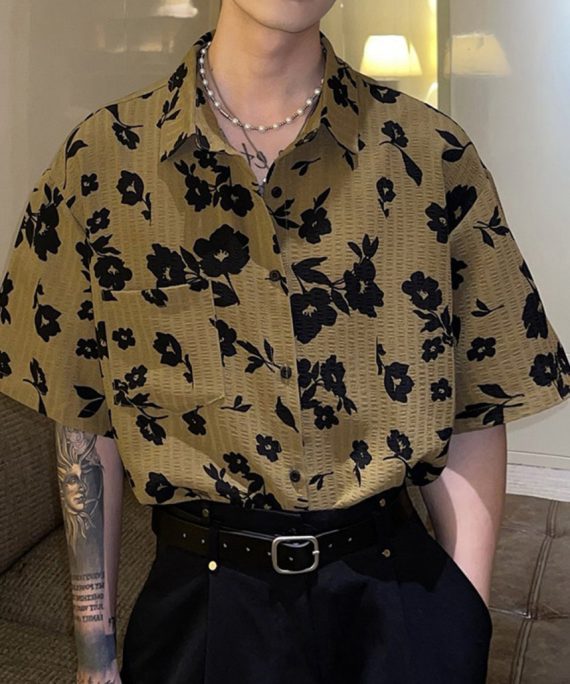New Coffee Peter Pan Collar Print Men Hawaiian Shirts Summer
