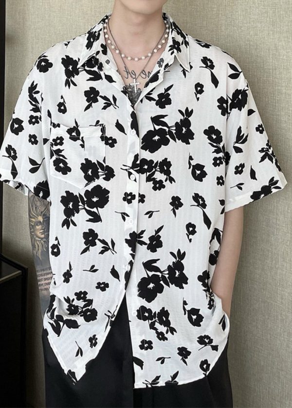New Coffee Peter Pan Collar Print Men Hawaiian Shirts Summer - Image 2