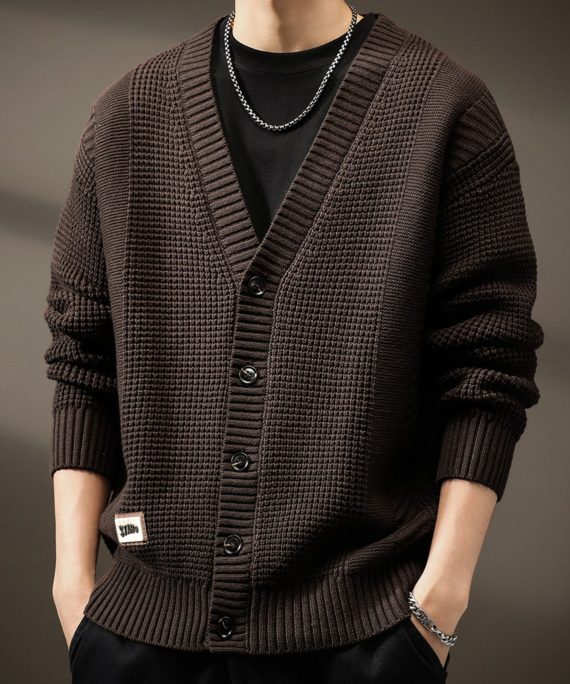 New Coffee V Neck Button Solid Knit Men Cardigans Spring