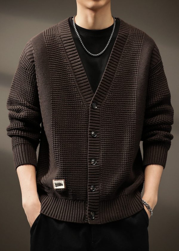 New Coffee V Neck Button Solid Knit Men Cardigans Spring - Image 2
