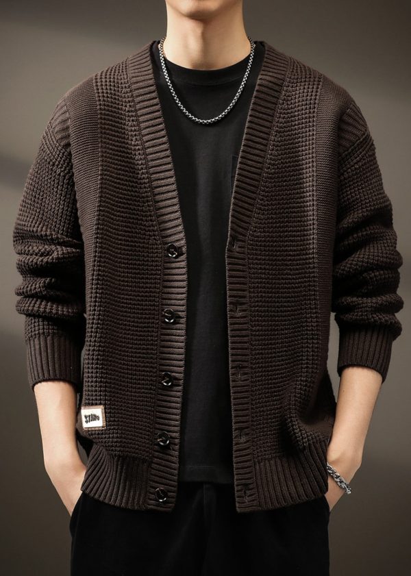 New Coffee V Neck Button Solid Knit Men Cardigans Spring - Image 3