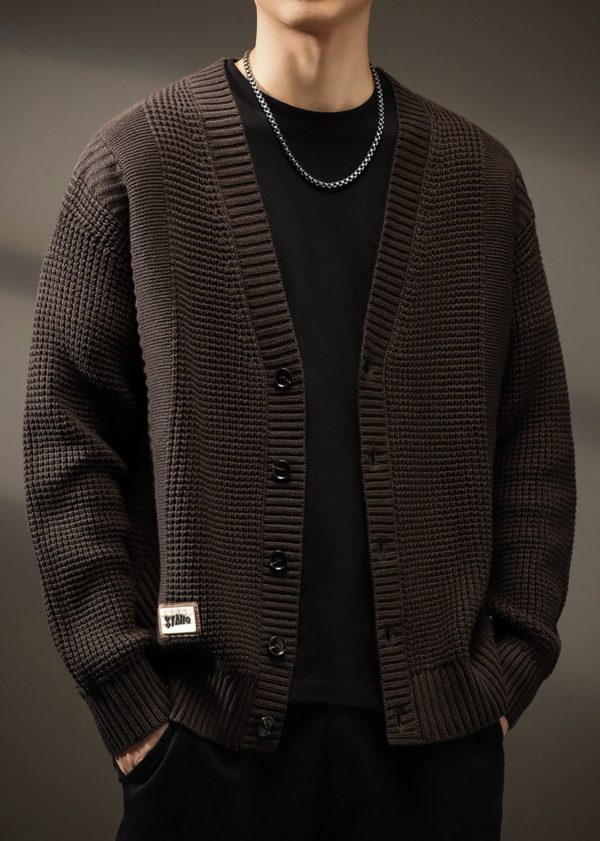 New Coffee V Neck Button Solid Knit Men Cardigans Spring - Image 4