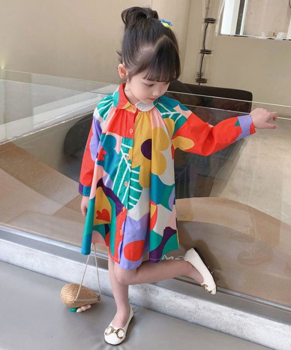 New Colorblock Print Button Girls Mid Dress Long Sleeve