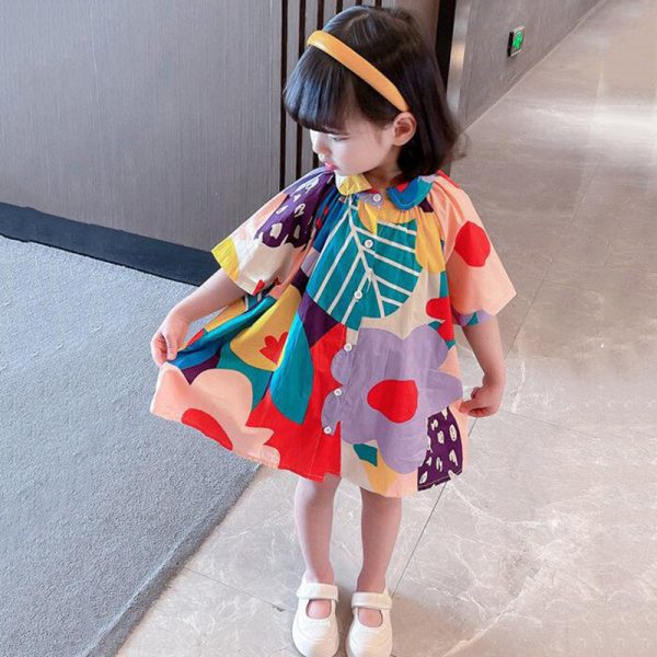 New Colorblock Print Button Girls Mid Dress Long Sleeve - Image 3