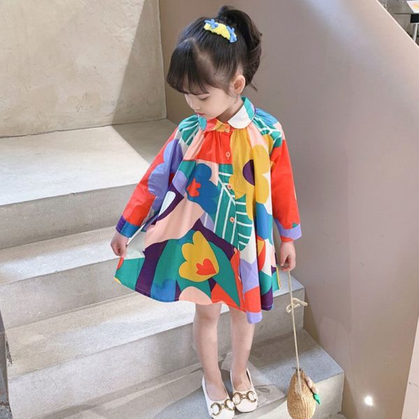 New Colorblock Print Button Girls Mid Dress Long Sleeve - Image 4