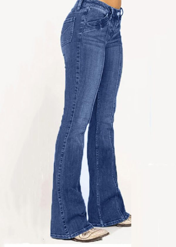 New Denim Blue Button Pockets Flare Bottoms Summer