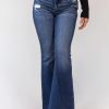 New Denim Blue Hole Pockets High Waist Flared Trousers Spring
