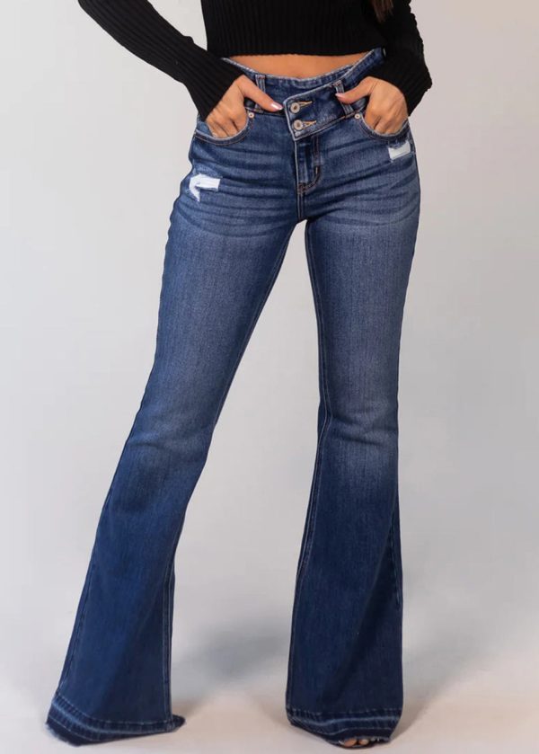 New Denim Blue Hole Pockets High Waist Flared Trousers Spring - Image 2