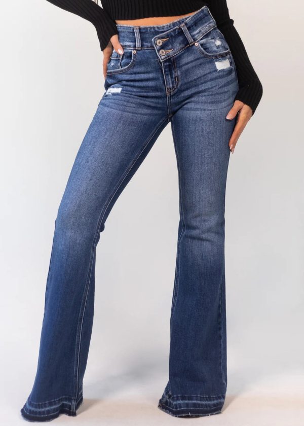 New Denim Blue Hole Pockets High Waist Flared Trousers Spring - Image 3