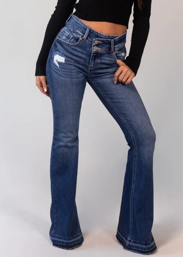 New Denim Blue Hole Pockets High Waist Flared Trousers Spring - Image 4